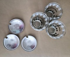 Mid-Century Glass & Aluminum Vintage Condiment 3 Glasses Set w/ Caddy & Lids
