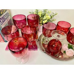 Vintage Cranberry Red Thumbprint Goblets – Mid-Century Coin Dot Glassware, set 9