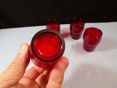 Set of 4 Ruby Red Glass Whiskey Glasses w/ Ribbed Design