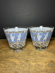 Vtg Cera Glass Etruscan Frieze Old Fashioned Glasses Set Of 2 Blue White Gold