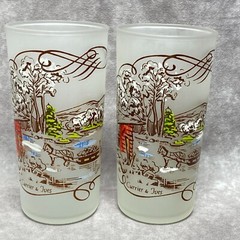 2 Vintage Hazel Atlas Currier & Ives Winter Scene Frosted Glass Tumblers