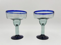 2 Mexican Hand Blown Margarita Glasses Blue Rim Cobalt Cocktail Glassware Bar