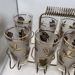 1960’s Libbey Hollywood Regency Highball 8 Glasses + Brass Caddy BEAUTIFUL