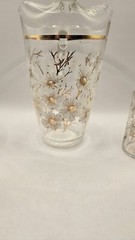 VTG 1 Pitcher 6 Glasses White Cherry Blossom Gold Trim Tree Branches Hand Blown