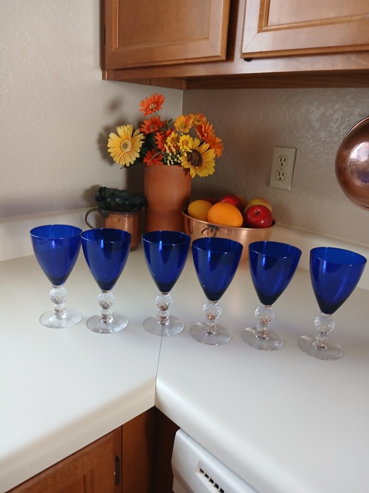 Vintage Morgantown #7643 Ritz Blue Golfball stem WaterGoblets Cobalt set of 6