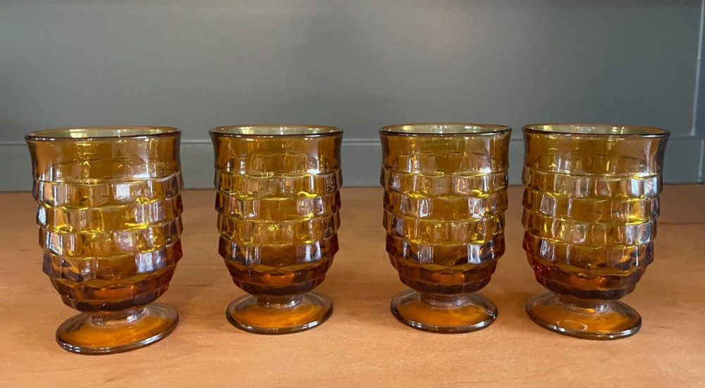 Set of 4 Juice Glasses Fostoria Whitehall Amber Cubes 3-D 70s VGUC Pedestal Gold