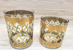 Vintage Culver Valencia Rocks Glasses Set 2 22K Gold Green Diamonds MCM. 2 sizes