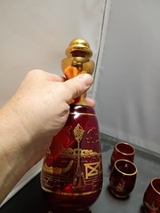 Red Glass Murano Gold Trim Bottle W/Five Glasses Courting Couple Venetian Attire