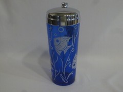 HAZEL ATLAS ANGEL FISH RITZ BLUE COCKTAIL SHAKER & 6 TUMBLERS