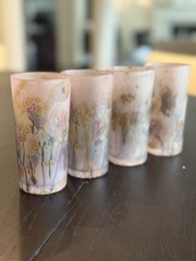 Studio Art Glass Tumbler Blush Pink Purple Gold Abstract Floral Frosted Set of 4