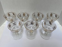 7 Vtg MCM Wine Glass Set Frosted Gold Leaf Foliage 4.5″ Stemmed Cocktail Cordial