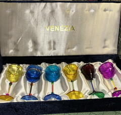 Vintage Venezia Cordial Glasses By Antonio Salviati Velvet Box Hand-Blown MCM
