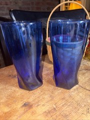 2 Vintage Anchor Hocking Tumblers Sybil Pattern Cobalt Blue Glass