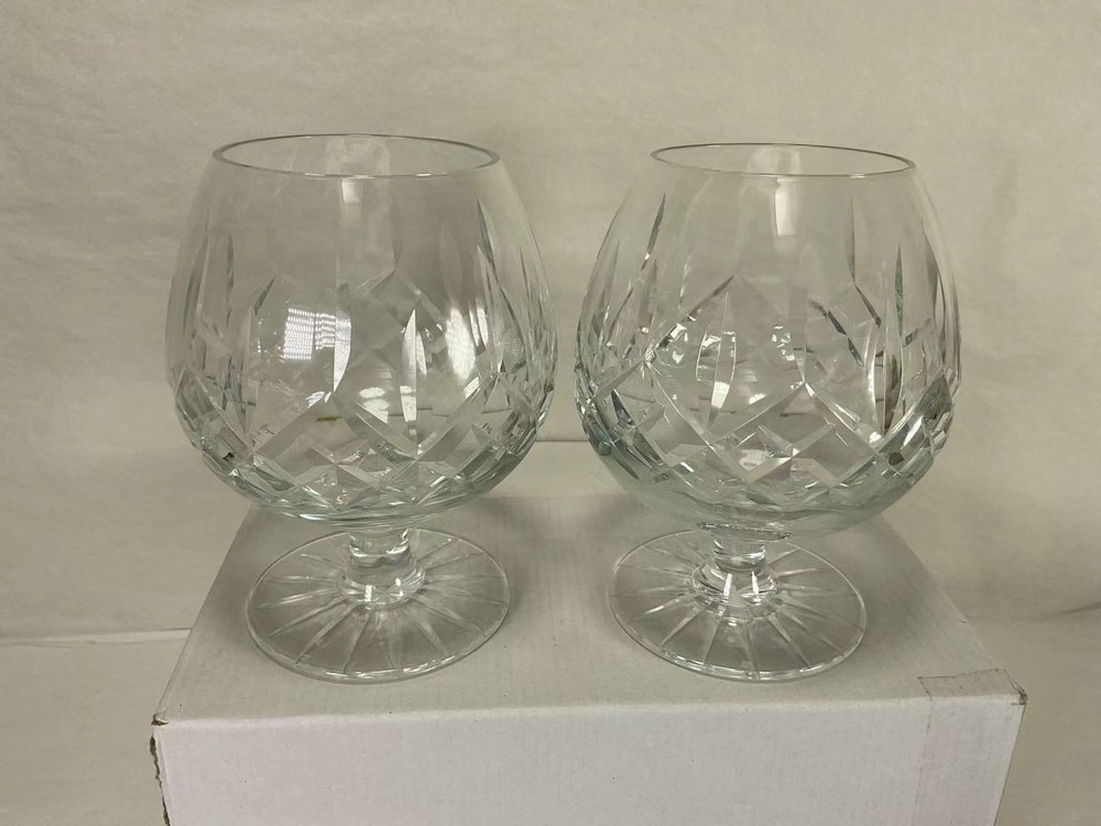 Vintage Cut Crystal Brandy Snifters Pair Diamond Fan Cut Cognac Glasses 4.875 in