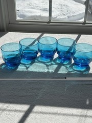Vintage Anchor Hocking Blue Flair 3” Rocks Glasses Lot Of 5 Stackable Aqua