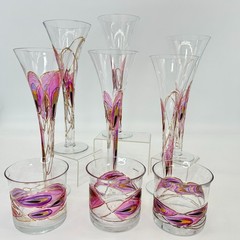 Romanian Hand Blown Glassware Set 6 Flutes 3 Tumblers Pink Gold Abstract