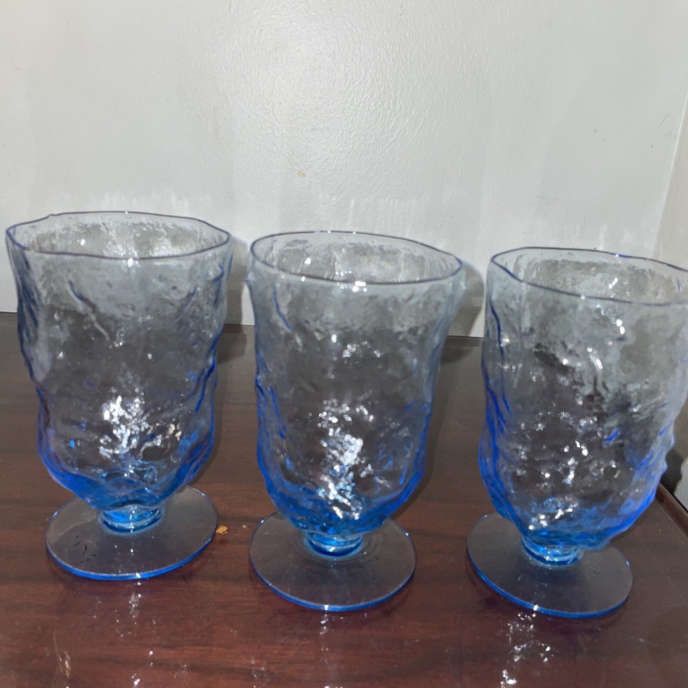 3Morgantown Seneca Driftwood Glass Peacock Blue Crinkle Footed Goblets Tumblers
