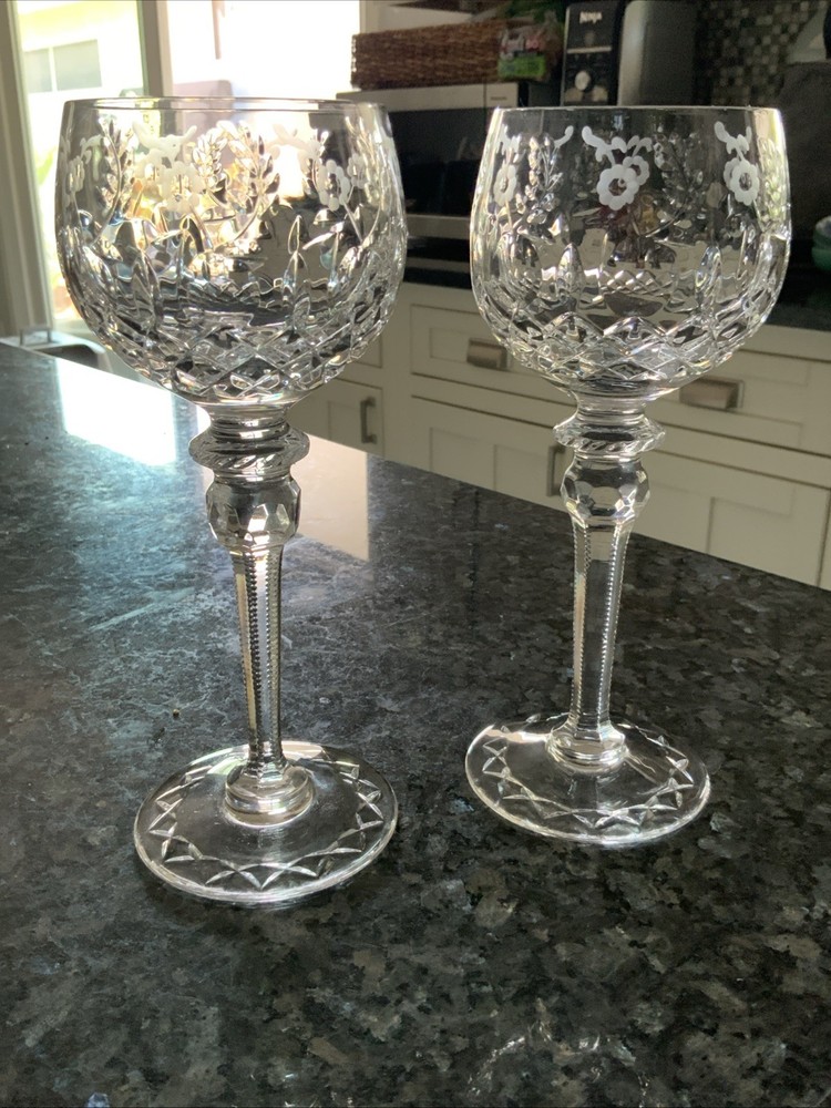 Rogaska Crystal Gallia Pair Balloon Wine Glasses Goblets Hand Blown Etched 8 In.
