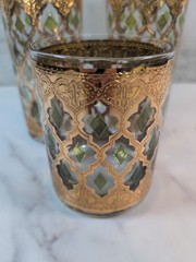Vintage Culver Valencia Old Fashioned Glass & 2 Tumblers 22K Gold Green Diamond