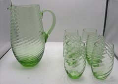 Bohemian Czech Art Glass Pitcher & 6 Tumblers Green Swirl Mid Century