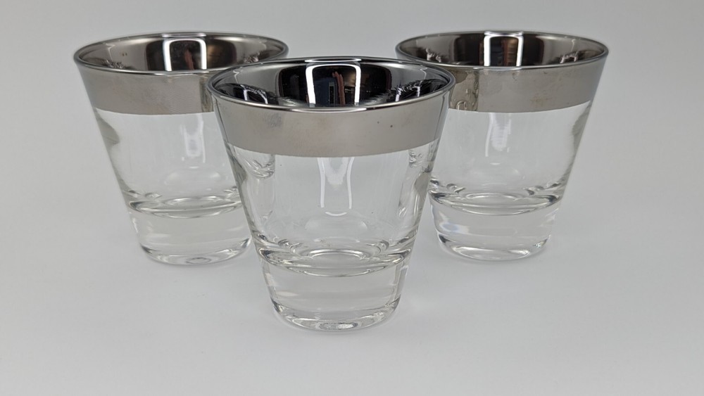 Set of 3 Dorothy Thorpe Double Shot Glasses Silver Banded Rims Vintage MCM