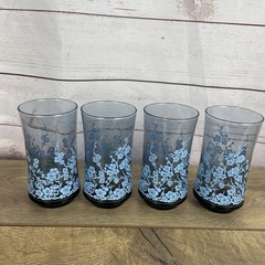 Vintage Libbey Glasses Smoke Blue Light Blue Flowers Mid-Century Tumbler Set 4