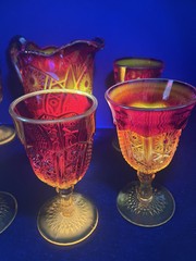 VTG Indiana Heirloom Cadmium Glass Amberina Iridescent Pitcher&6 Goblets Set EUC