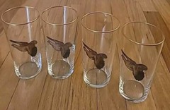 4 Vtg MCM *Gold Rim Highball Glasses Partridge/Pheasant Barware 6 In Tall