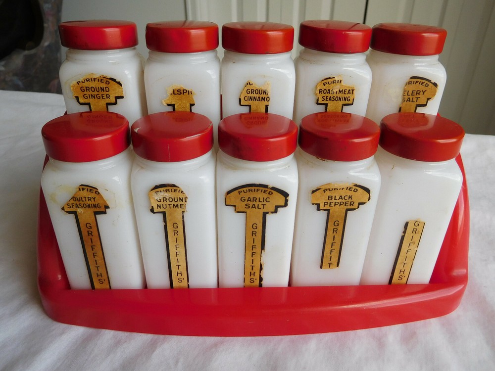 10 Griffith Milk Glass SPICE JARS RED Plastic Art Deco Rack labels 9 insert Vtg