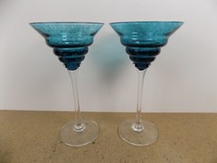 2 Signed Art Glass Liquor Cocktail Glasses Blue Ripple Bowl