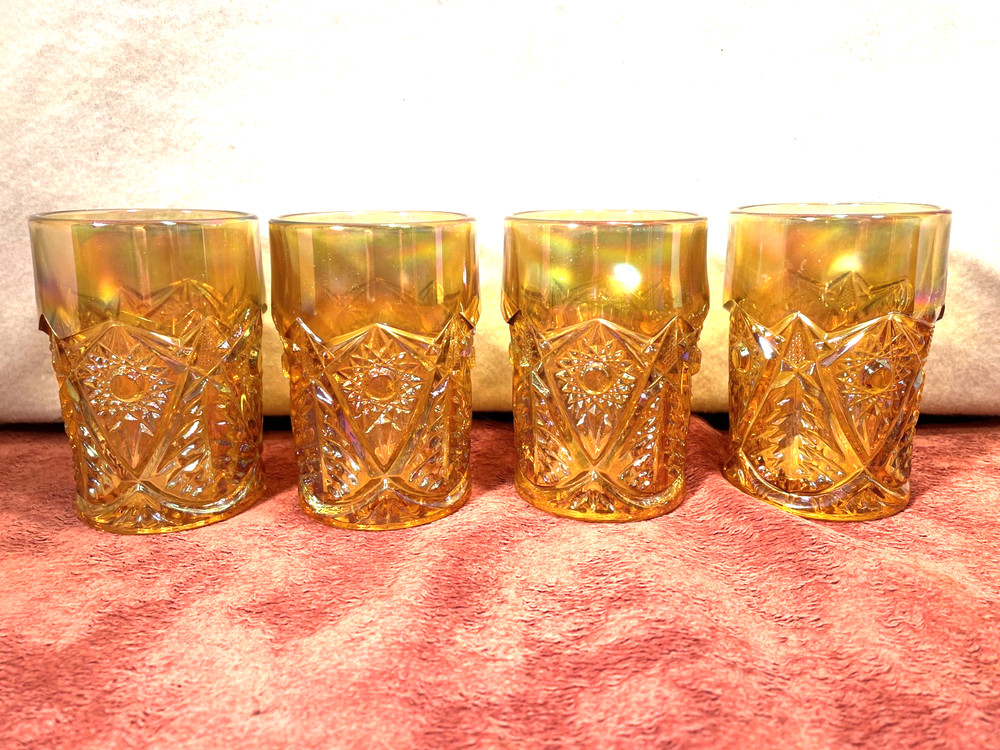 L.E. Smith Stars & Fans Marigold Carnival 4-1/8” Tumblers Set of 4