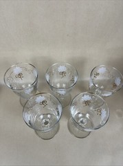 Set of 5 Linnet Goblet Gold Bow & Rim Frosted Flowers Bubble Stem Base 5.5″