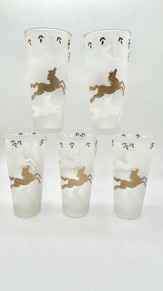 Libbey Cavalcade Frosted Highball Glasses Gold Stallions Set of 5 Vintage