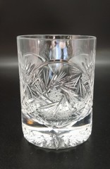 Four Crystal Lowball Glasses. Pinwheel/Star Cut- Sun /Rays with Faceted Base.