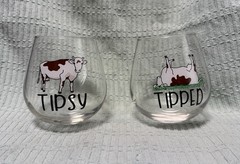 Set of 2 Clear Stemless Wine Glasses Cow Pattern «Tipsy» & «Tipped»