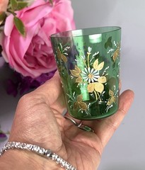 Antique Moser Type Tumbler Gold Leaves Scrolls 19thC 2.75”H Bohemia