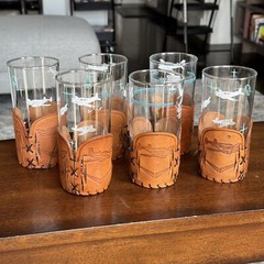 6 VTG Beechcraft Highball Glasses w/ HL Leddy Leather Holders Aviation Theme