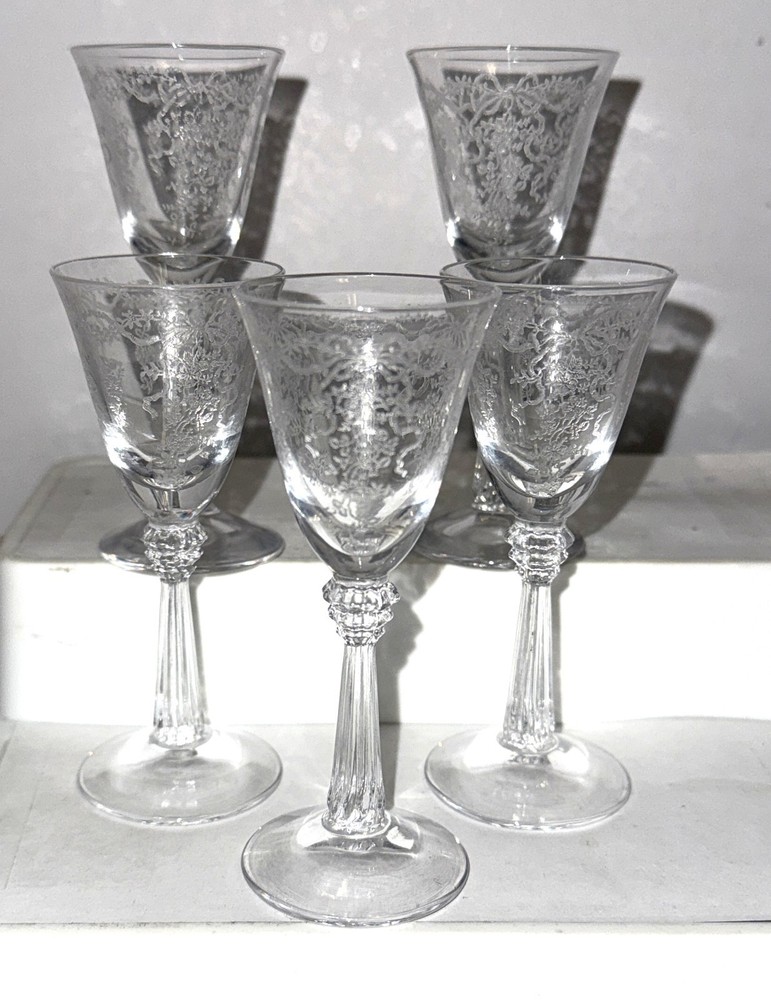 5 Fostoria ROMANCE CRYSTAL 3 7/8″ – 3/4 oz CORDIAL GOBLETS #6017