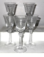 5 Fostoria ROMANCE CRYSTAL 3 7/8″ – 3/4 oz CORDIAL GOBLETS #6017