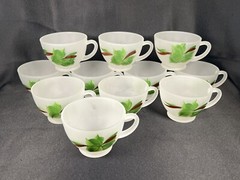 VTG Set 11 Gay Fad Green Ivy Punch Cups Frosted Hazel Atlas Federal Glass