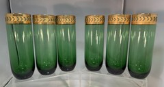 6-VTG MCM EMERALD GREEN TOM COLLINS GLASSES W GOLD LEAF RIM DESIGN