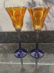 Glass Tulip Iridescent & Cobalt Blue Signed Rick Strini Wine Glasses