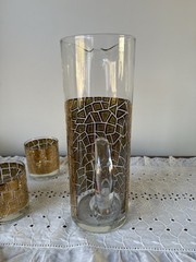 Mid Century 22k Gold Mosaic Pitcher & Set Of 6 low ball glasses- hard to find