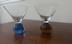 Set of 2 Post Modern Clear Glass Martini Glasses Blue & Amber Ball Base