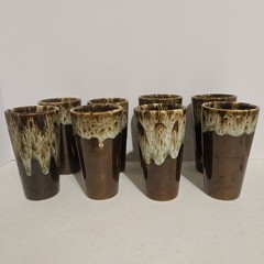 Set of 8 Vintage USA Brown Drip Glaze Pottery 12 oz Tumbler 5.5” Tall