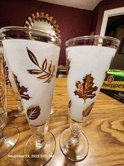 Set of 8 Vintage Libbey Frosted Glass Gold Leaves Pilsner Glasses 8 1/2″