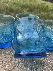 Anchor Hocking Laser Blue Rainflower 3 1/8″ Old Fashion Juice MCM – Set of 4