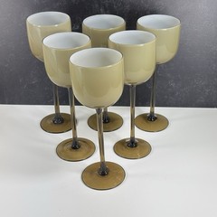 Set 6 Carlo Moretti Tall Long Stem Wine Glasses Cased Glass Tan Taupe White 9″