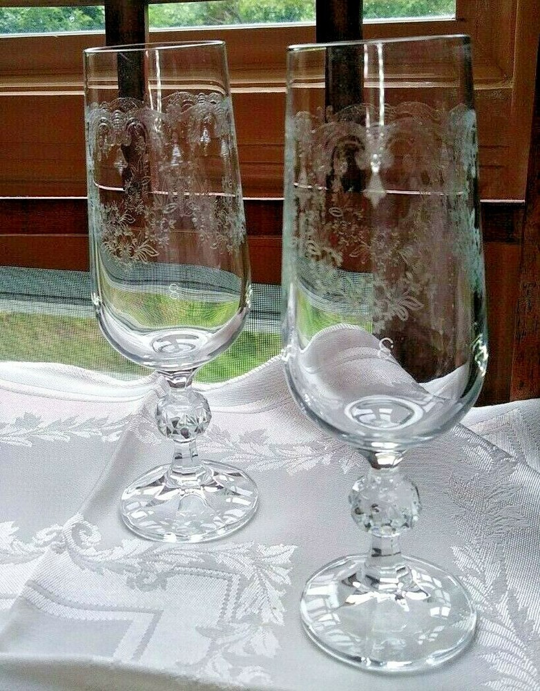 Crystalex Import Assoc Cascade Champagne Flutes LOT 2 Czech Crystal 6 5/8″