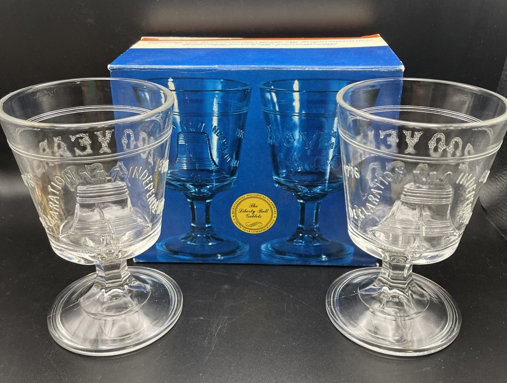 Vintage Liberty Bell Glass Goblets Set of 2 Bicentennial Historical Barware NOS
